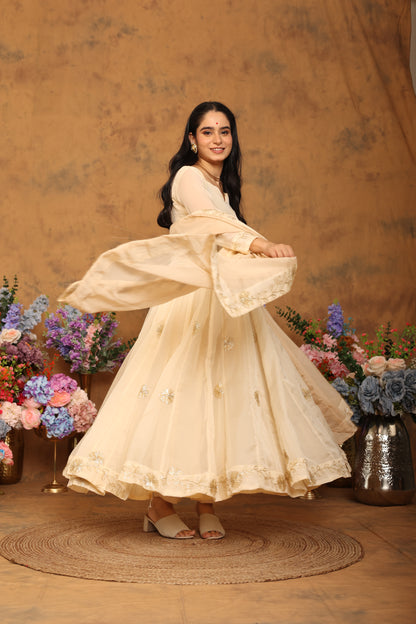 Kaashvi Beige Organza Anarkali Set