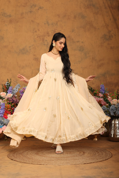 Kaashvi Beige Organza Anarkali Set