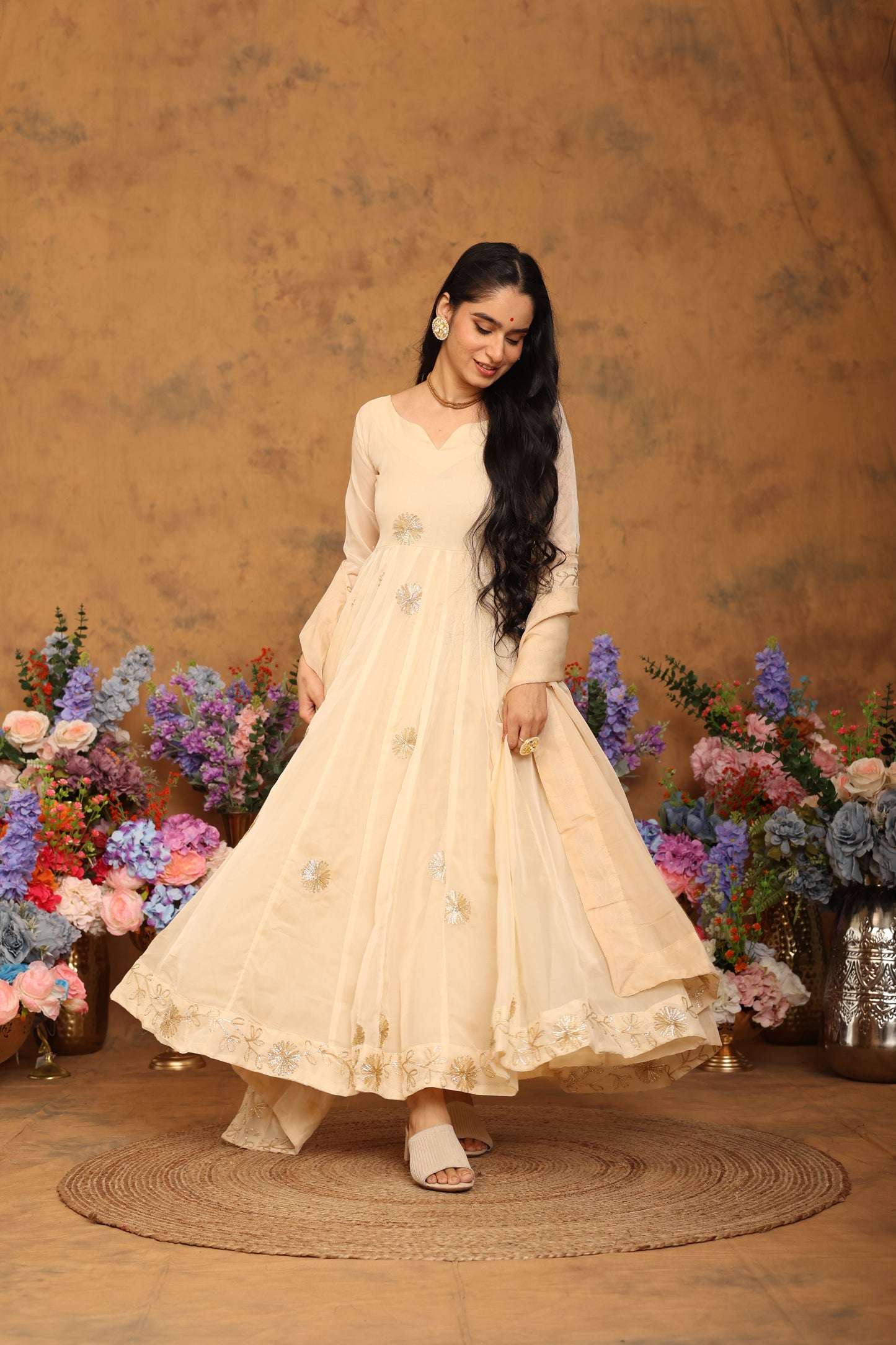 Kaashvi Beige Organza Anarkali Set