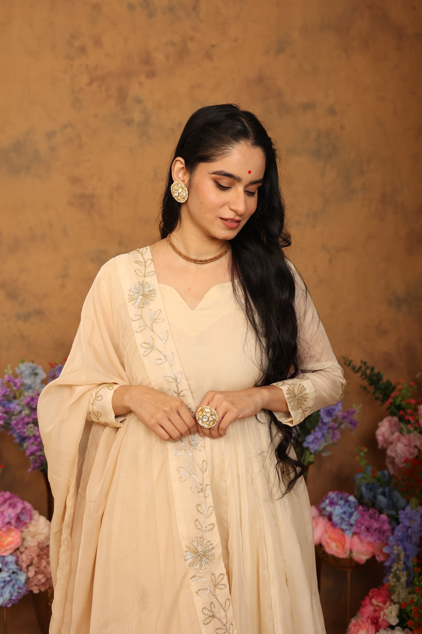 Kaashvi Beige Organza Anarkali Set