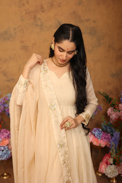 Kaashvi Beige Organza Anarkali Set