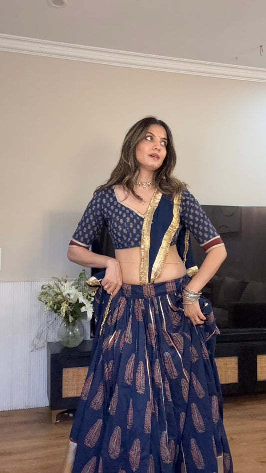 Aastha Blue Ajrakh Lehenga