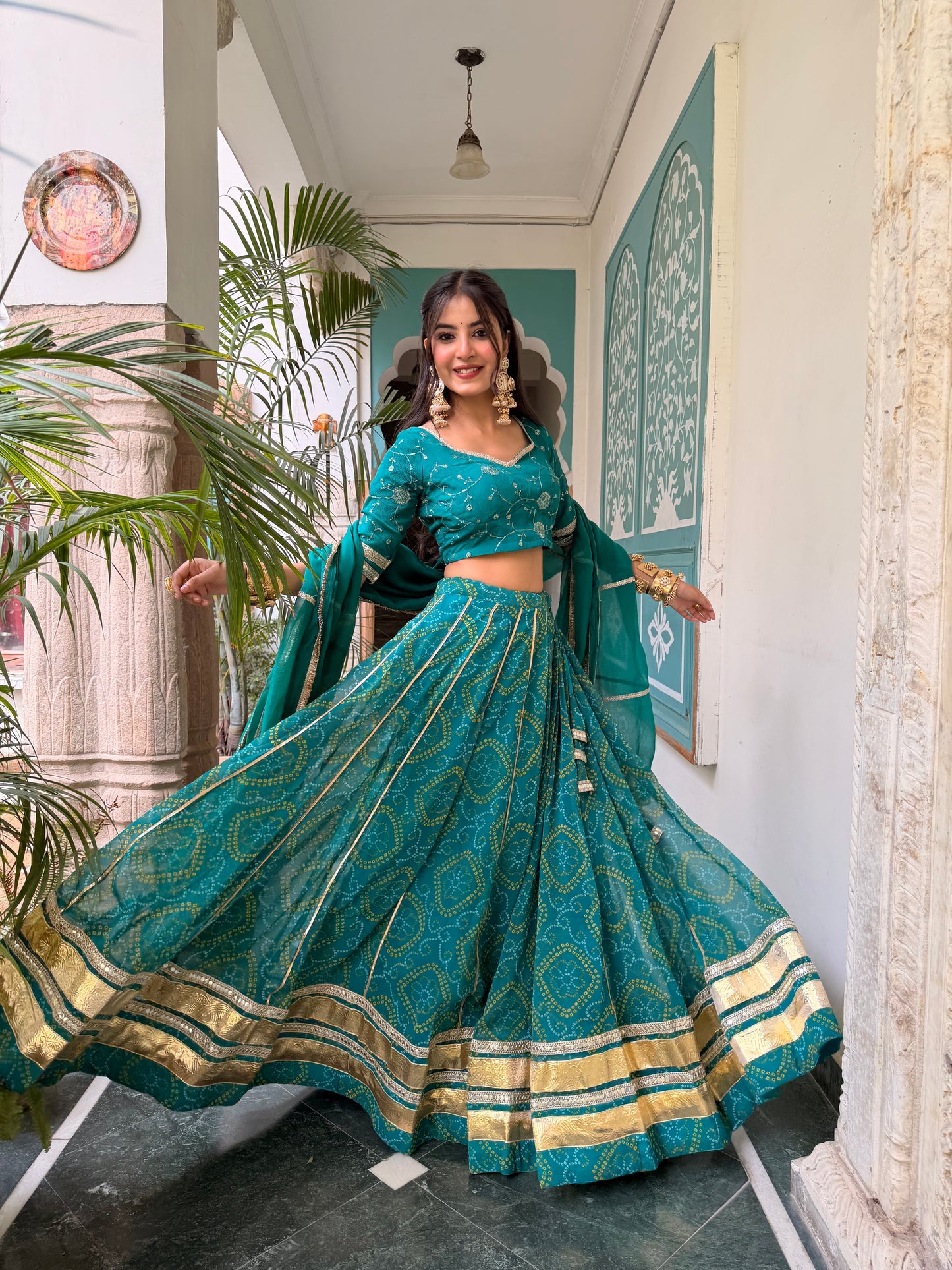 Shweta Aqua Bandhani Lehenga