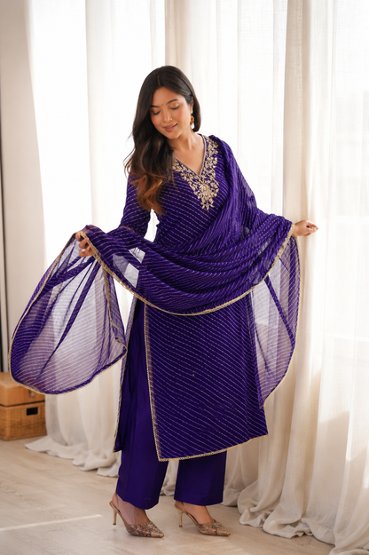 Arti Purple Handwork Leheriya Suit Set