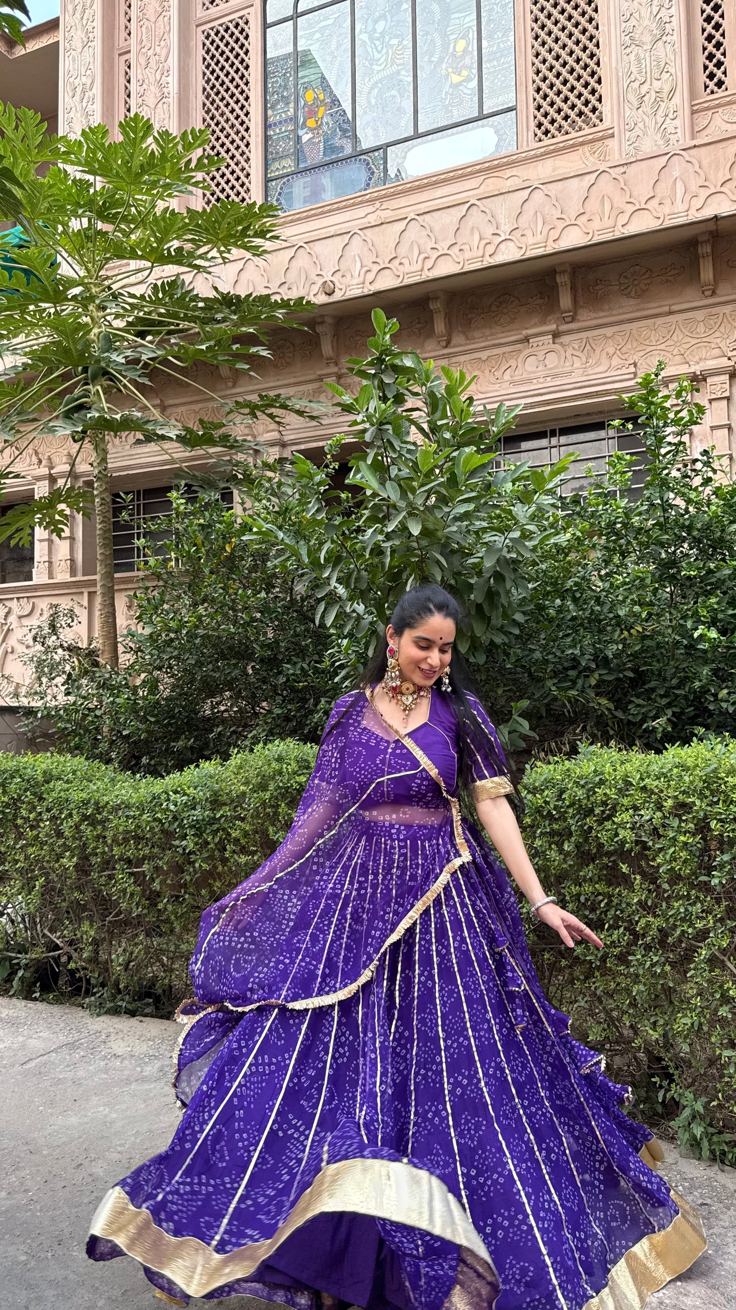 Siddhi Purple Bandhani lehenga