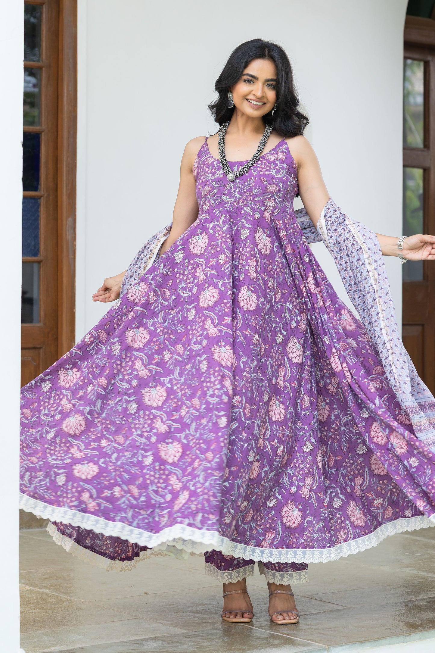 Nirva Purple Handblock Cotton Anarkali Set