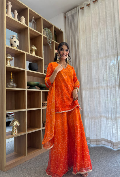 Pranjali Orange Bandhani Kurti Palazzo Set