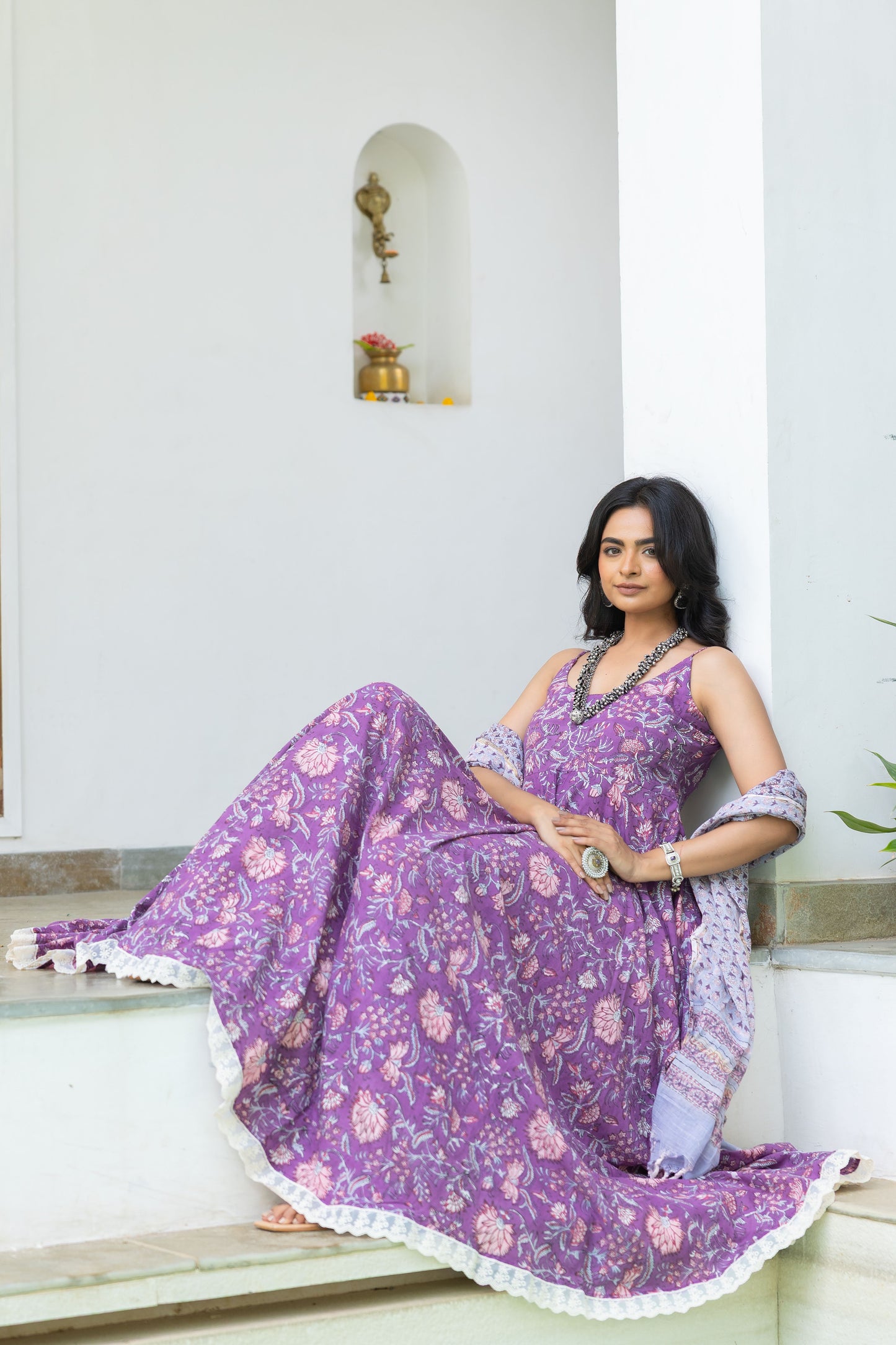 Nirva Purple Handblock Cotton Anarkali Set