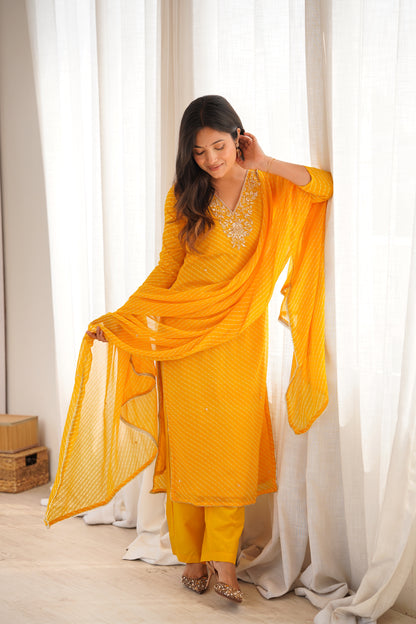 Arti Yellow Handwork Leheriya Suit Set