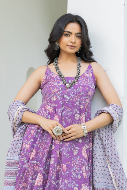 Nirva Purple Handblock Cotton Anarkali Set