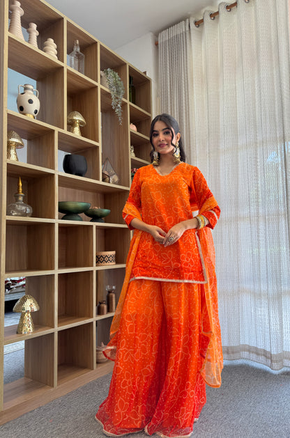 Pranjali Orange Bandhani Kurti Palazzo Set