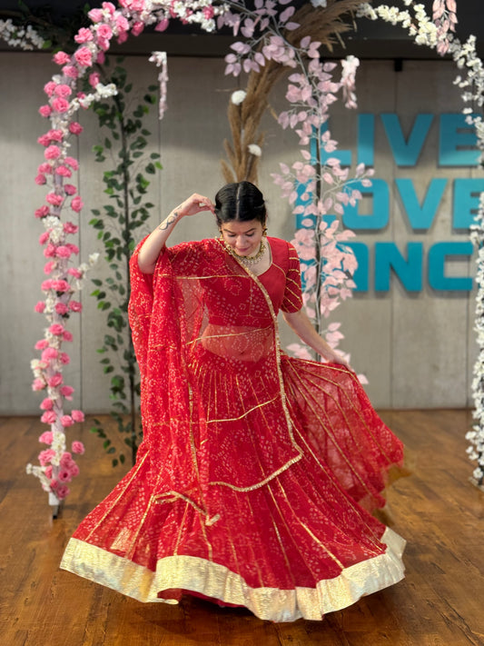 Siddhi Red Bandhani lehenga