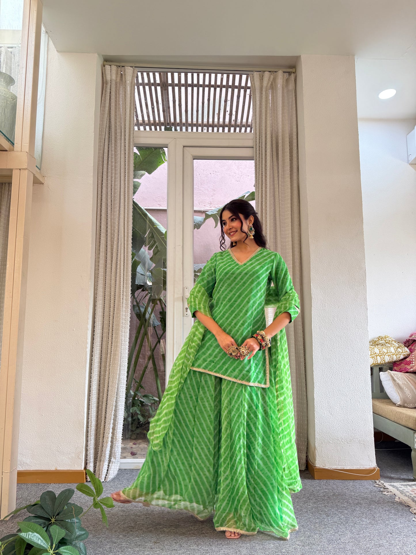 Stuti Green Leheriya Kurti Palazzo Set