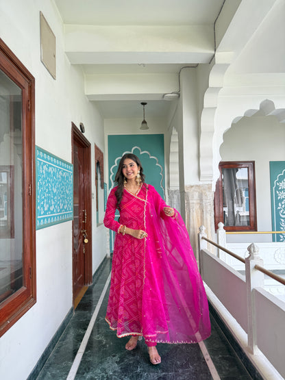 Ruhee Pink Bandhani Anarkali Set