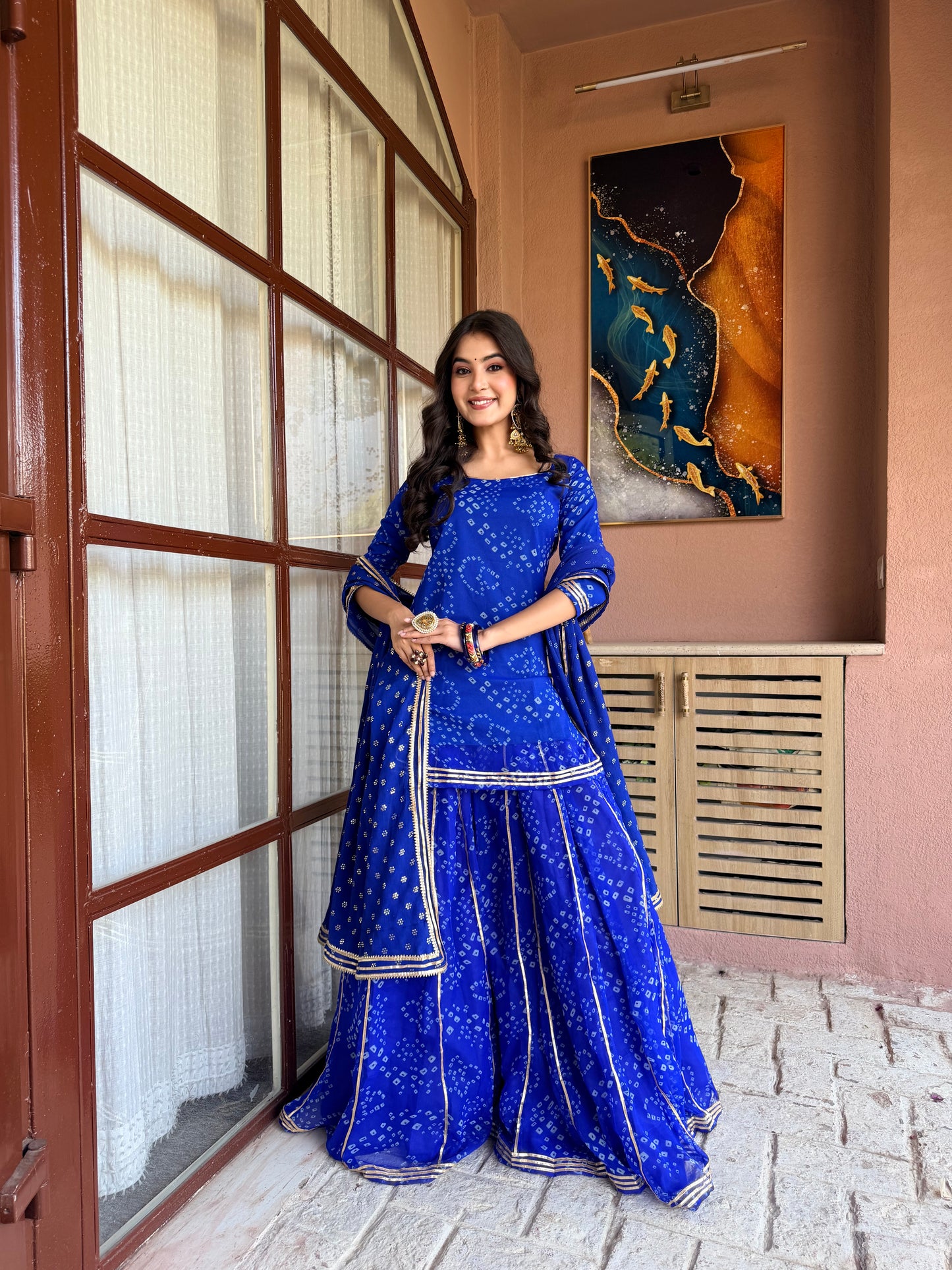 Kumkum Blue Bandhani Sharara Set