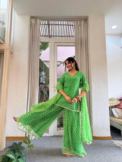 Stuti Green Leheriya Kurti Palazzo Set