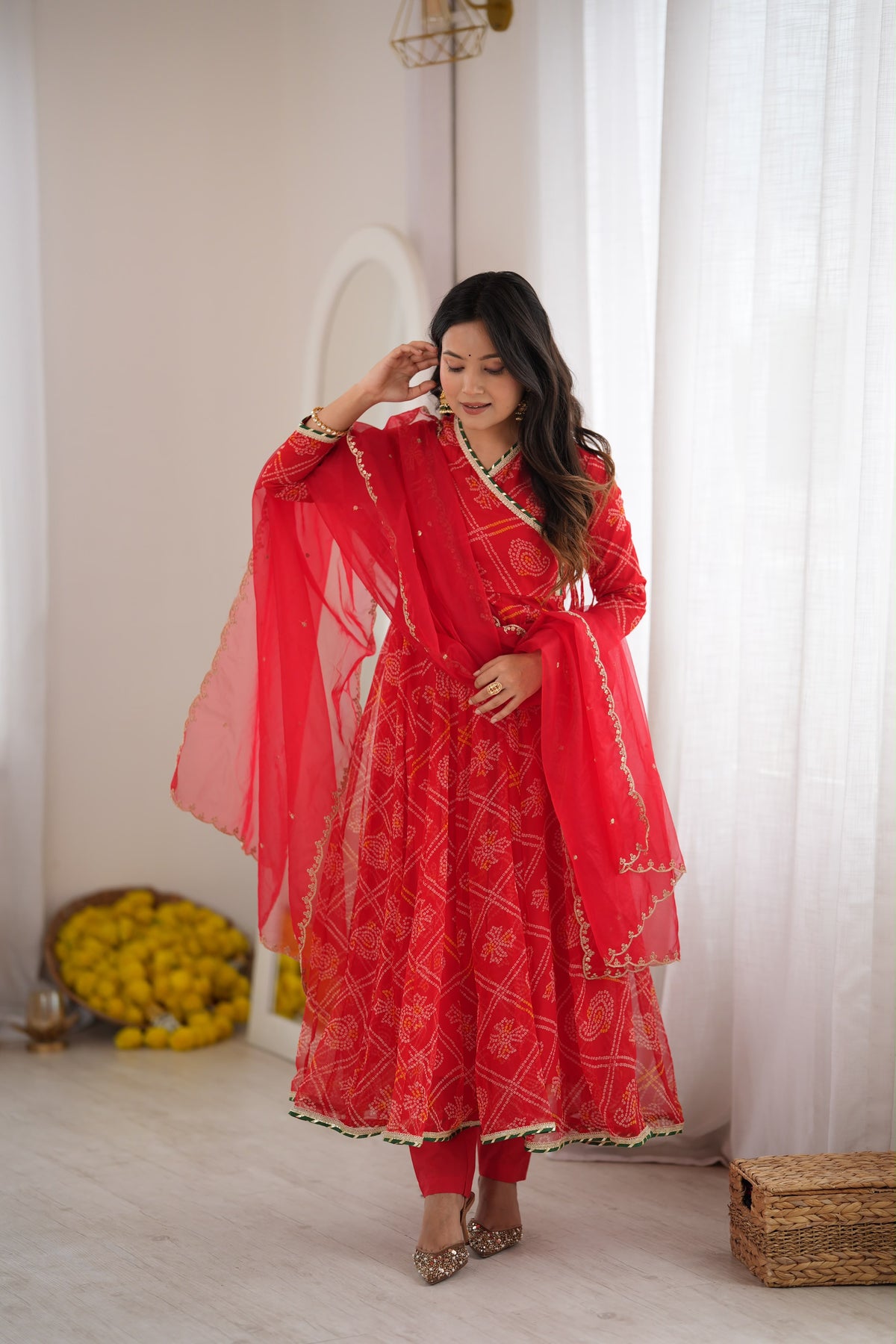 Ruhee Red Bandhani Anarkali Set