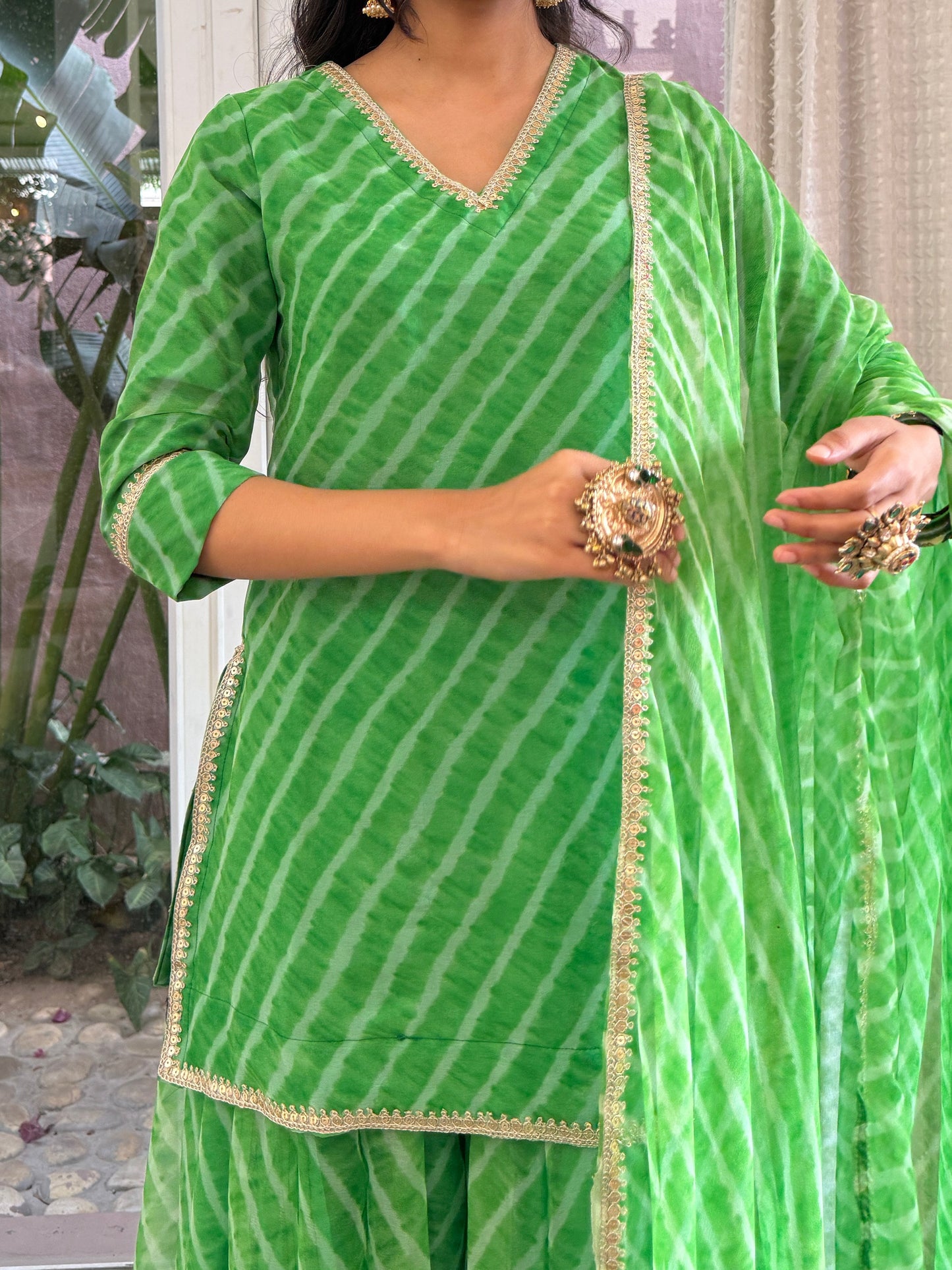 Stuti Green Leheriya Kurti Palazzo Set