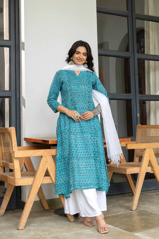 Kimaya Dabu Slub Cotton kali Kurta Set