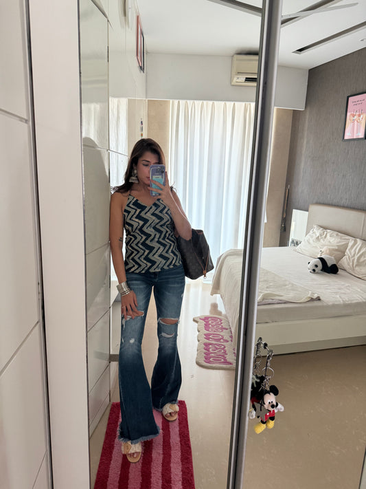 Pia Blue Zigzag Cotton Halter Top