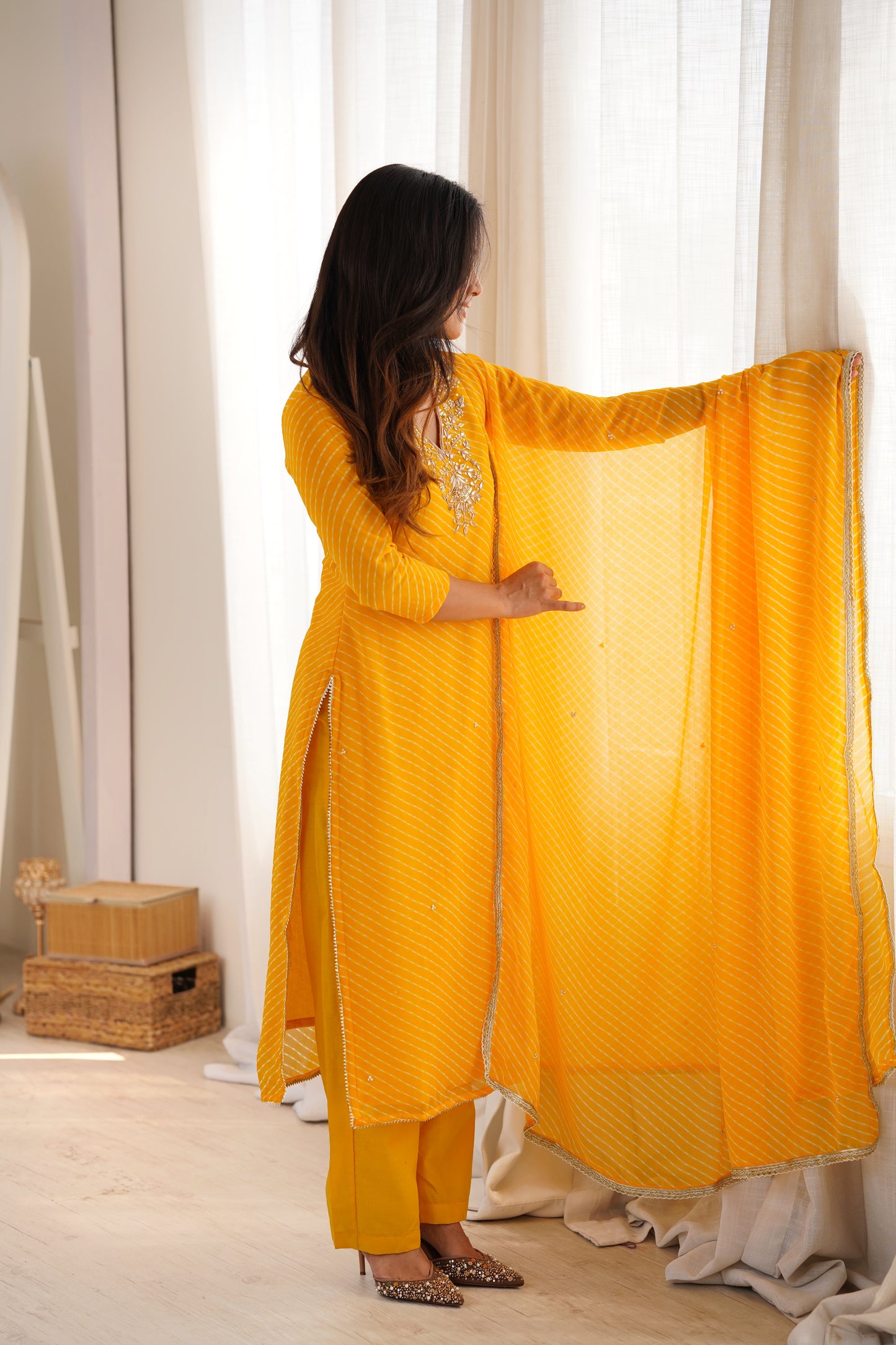 Arti Yellow Handwork Leheriya Suit Set
