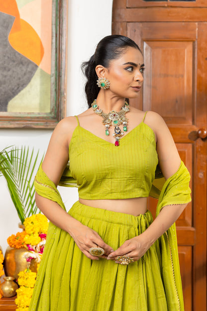 Mayura Green Cotton lurex Lehenga