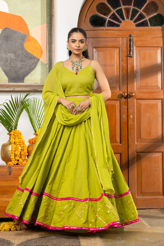 Mayura Green Cotton lurex Lehenga