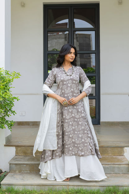 Mirza Grey Modal Silk Kali Kurta Set