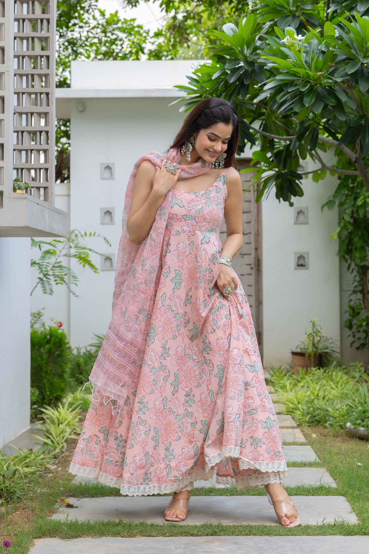 Nirva Peach Handblock Cotton Anarkali Set