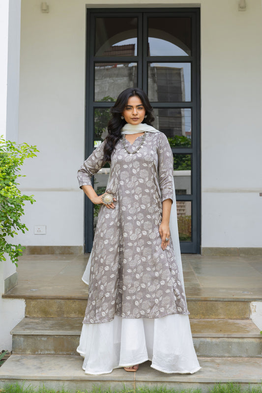 Mirza Grey Modal Silk Kali Kurta Set