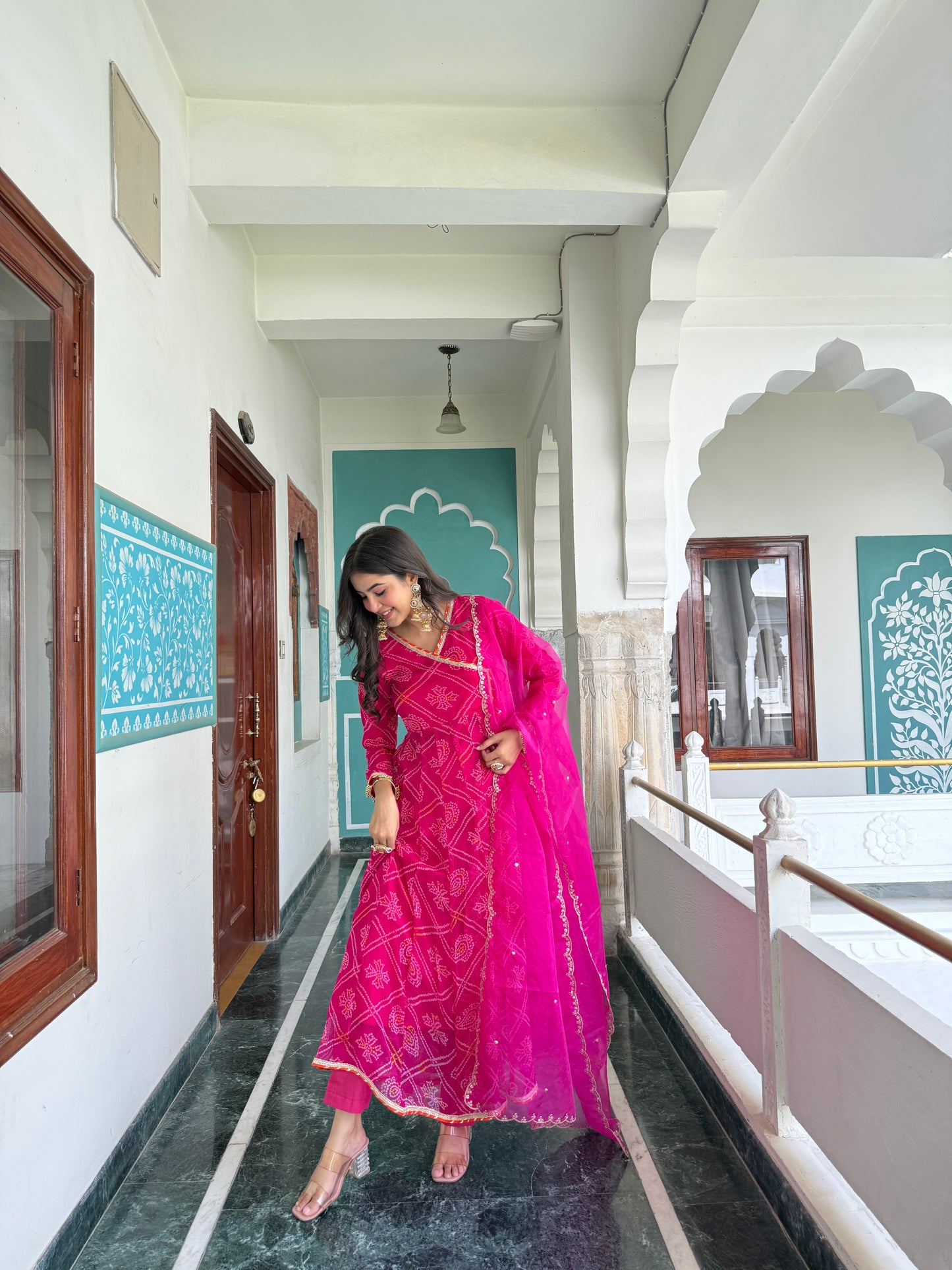 Ruhee Pink Bandhani Anarkali Set