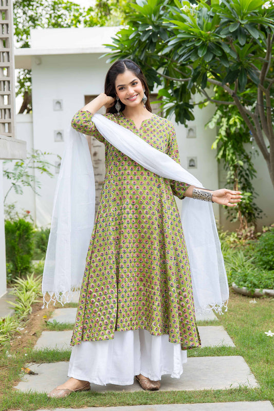 Akrita Dabu Slub Cotton kali Kurta Set