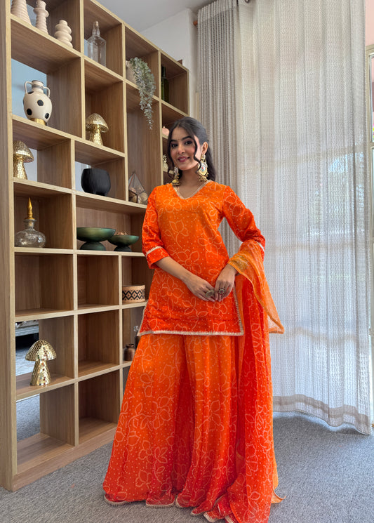 Pranjali Orange Bandhani Kurti Palazzo Set