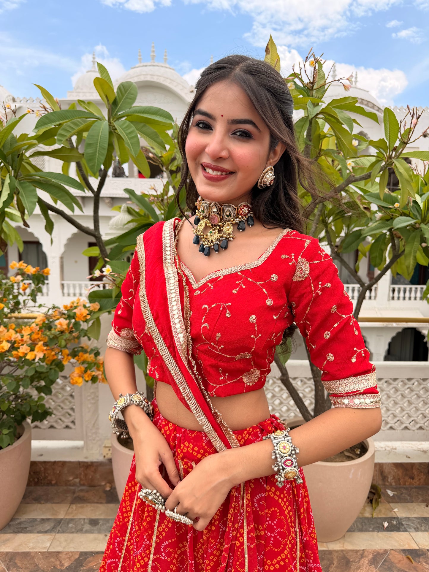 Shweta Red Bandhani Lehenga