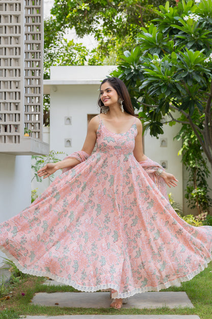 Nirva Peach Handblock Cotton Anarkali Set