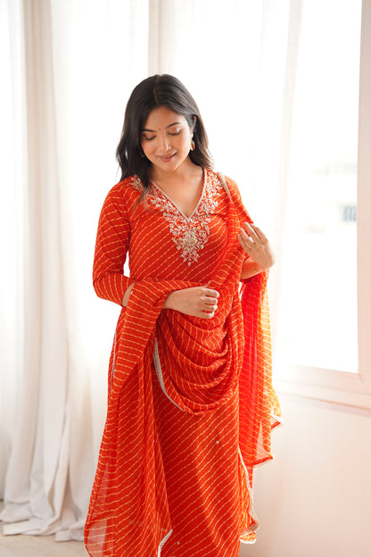 Arti Rust Orange Handwork Leheriya Suit Set