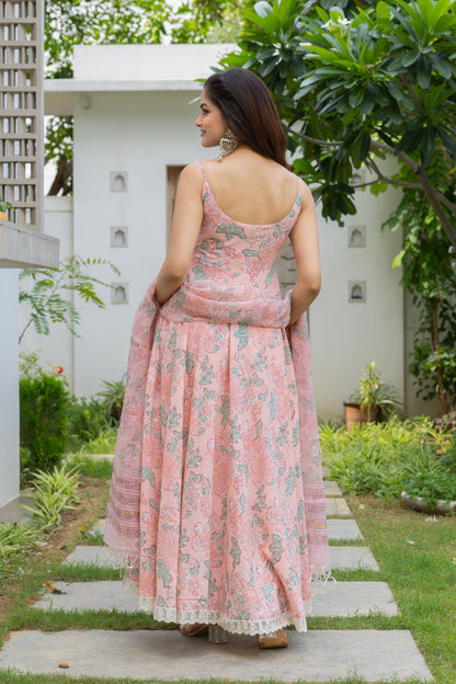Nirva Peach Handblock Cotton Anarkali Set