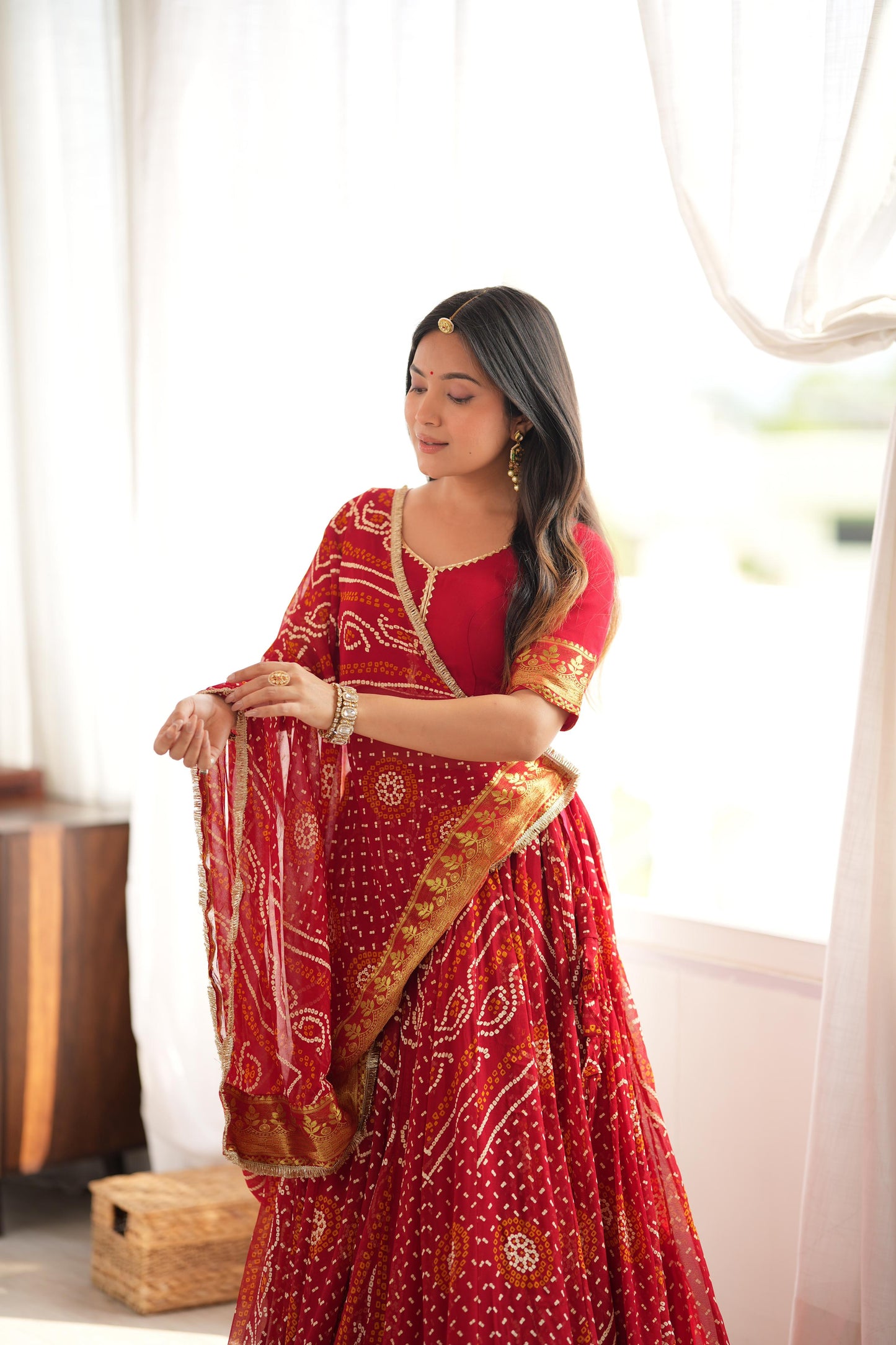Falguni Red Bandhani Lehenga