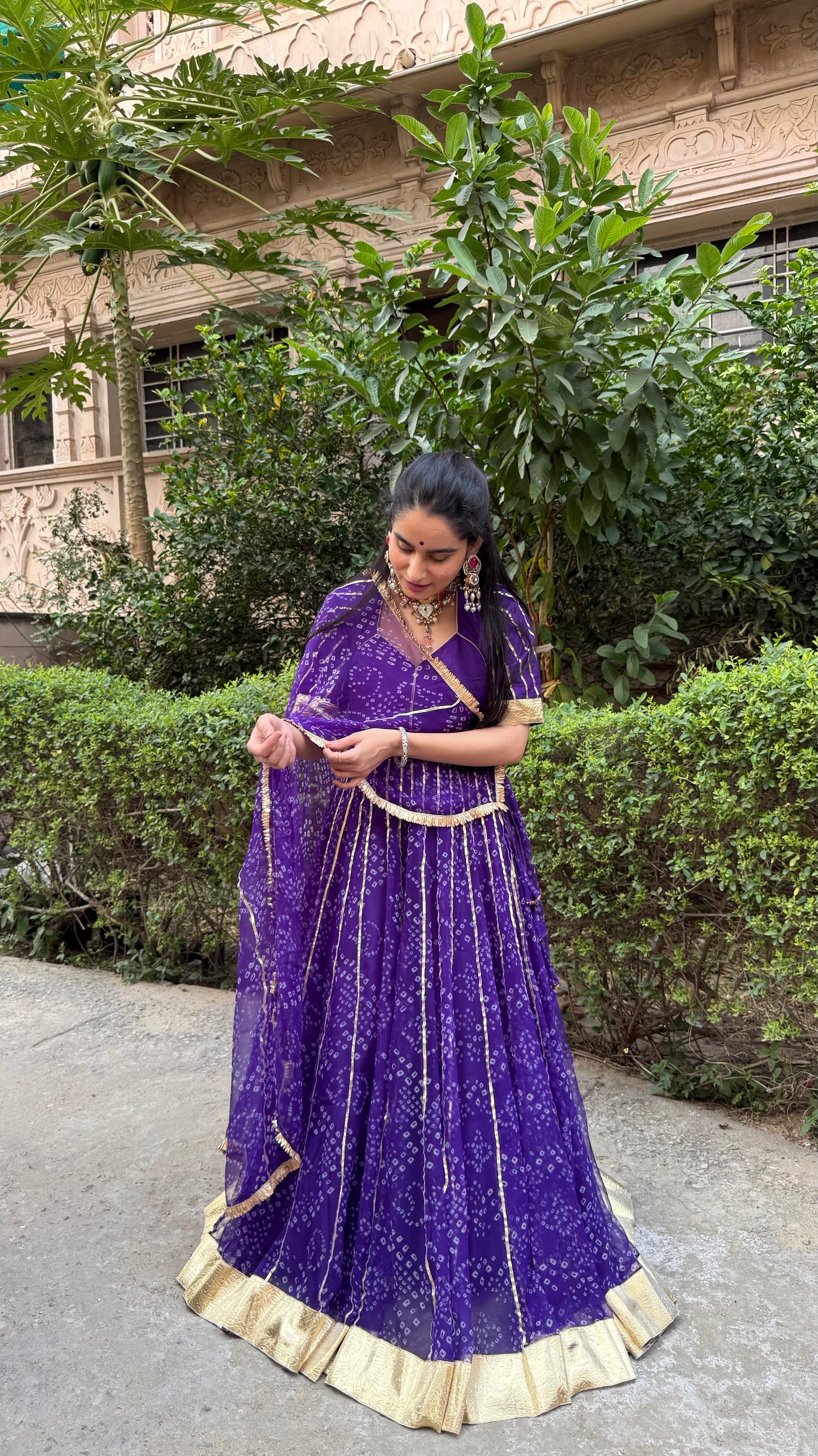 Siddhi Purple Bandhani lehenga