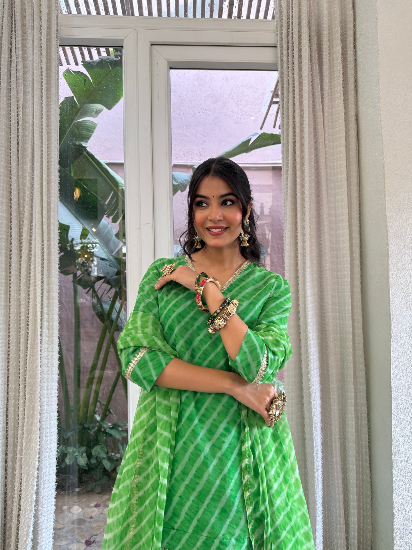 Stuti Green Leheriya Kurti Palazzo Set