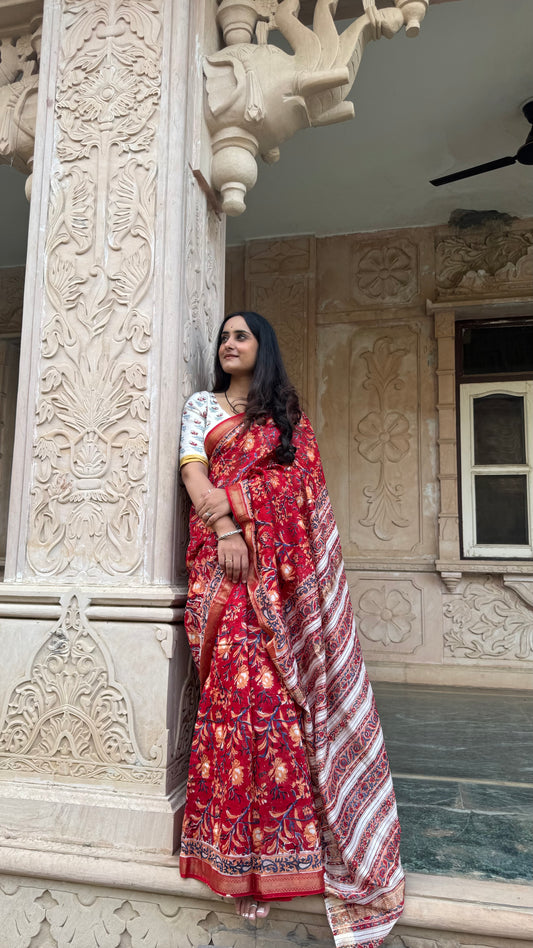 Sindoor Handblock Maheshwari Saree (Teerth By Amaanyaa)