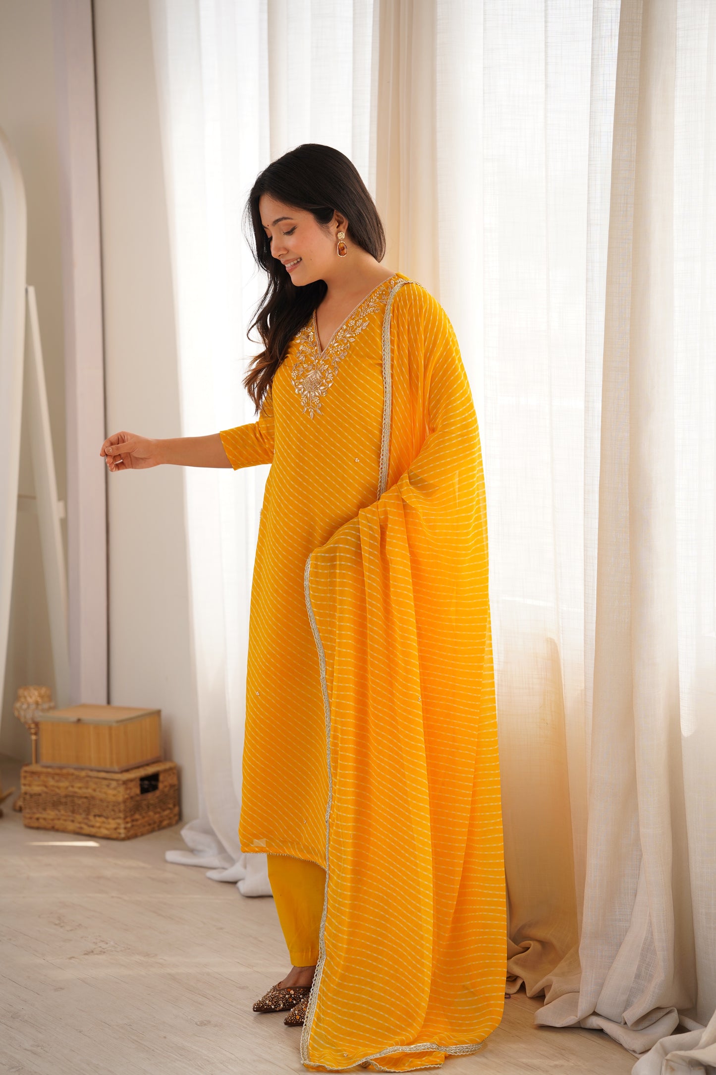 Arti Yellow Handwork Leheriya Suit Set
