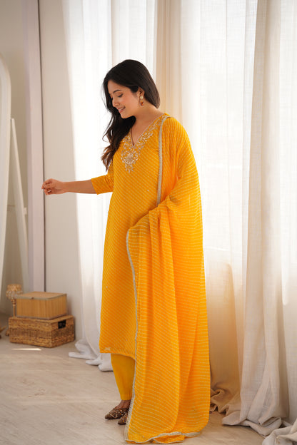 Arti Yellow Handwork Leheriya Suit Set