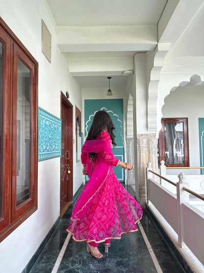 Ruhee Pink Bandhani Anarkali Set