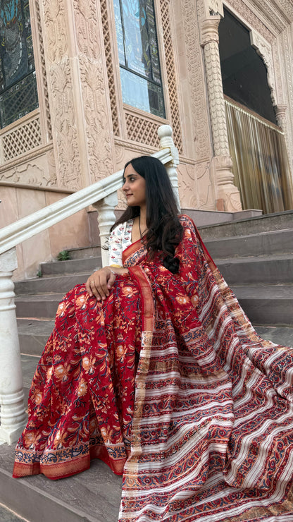 Sindoor Handblock Maheshwari Saree (Teerth By Amaanyaa)