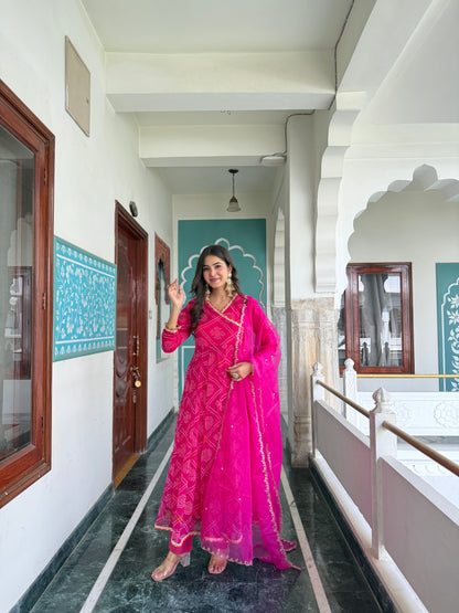 Ruhee Pink Bandhani Anarkali Set