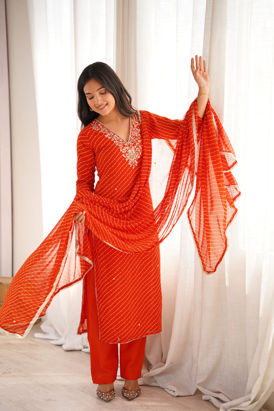 Arti Rust Orange Handwork Leheriya Suit Set