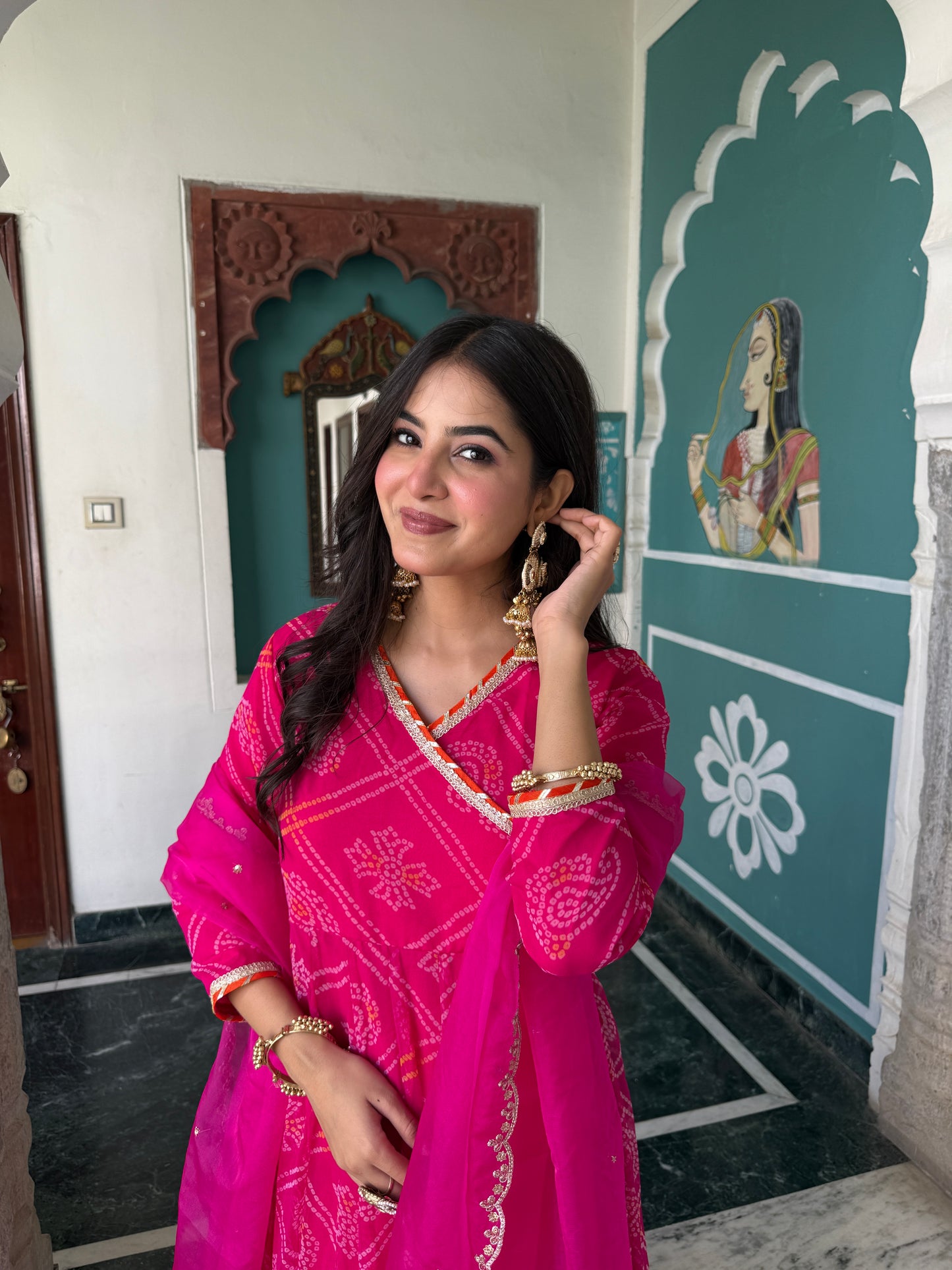 Ruhee Pink Bandhani Anarkali Set