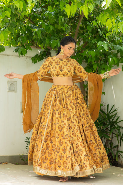 Hetvi Mustard Handblock Lehenga