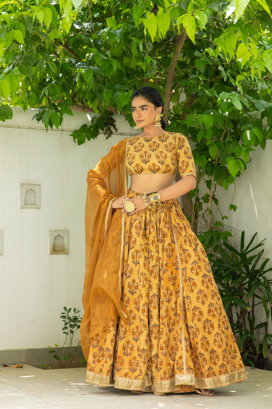 Hetvi Mustard Handblock Lehenga